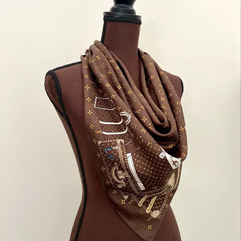 Louis Vuitton Scarf  Travel Trunks Monogram Brown Silk Wrap